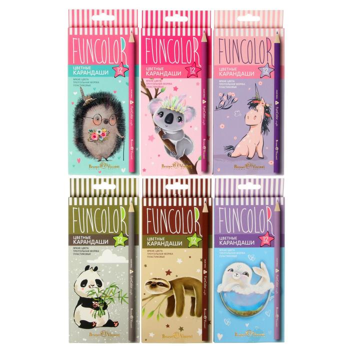 Карандаши цветные 12 цветов FunColor, пластиковые, трёхгранные, МИКС - Фото 1