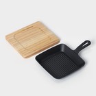 Сковорода «Квадрат. Гриль», 19×3 см, на деревянной подставке, индукция, чугун, чёрная - Фото 4