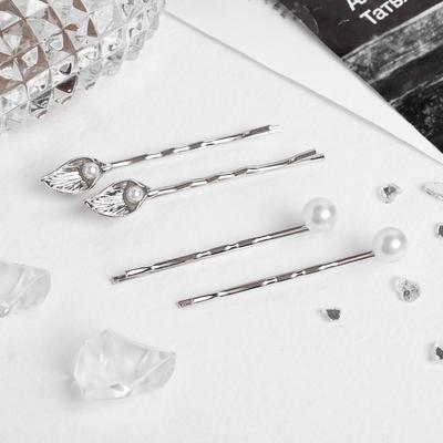 Невидимка для волос "Кварта" 5,5 см (набор 4 шт.) листики и бусины, серебристые