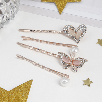 Невидимка для волос "Кварта" 5,5 см (набор 4 шт.) бабочка и сердце бусины, золотистые