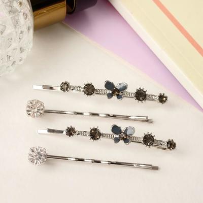 Невидимка для волос "Кварта" 5,5 см (набор 4 шт.) бабочки стразы, серебристые