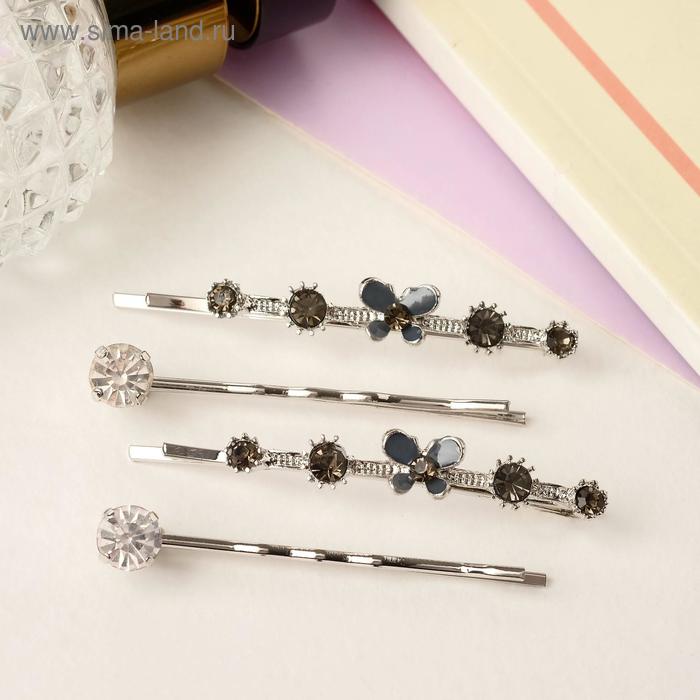 Невидимка для волос "Кварта" 5,5 см (набор 4 шт.) бабочки стразы, серебристые - Фото 1