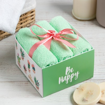 Салфетки махровые «Этель» Be happy, 3 шт., 30×30 см, зелёные