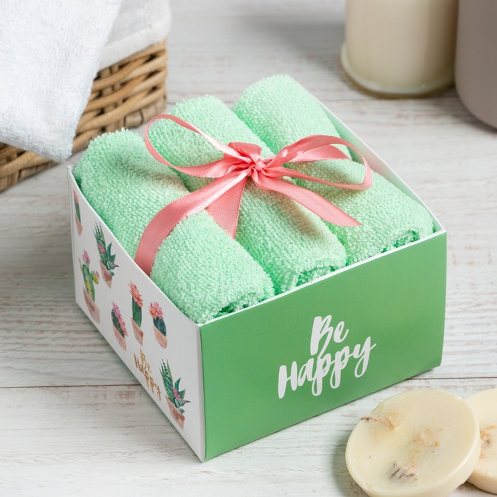 Салфетки махровые «Этель» Be happy, 3 шт., 30×30 см, зелёные - Фото 1