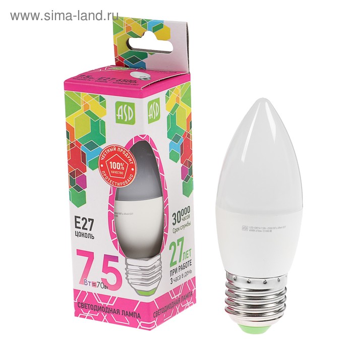 Лампа светодиодная ASD LED-СВЕЧА-standard, Е27, 7.5 Вт, 230 В, 6500 К, 675 Лм - Фото 1