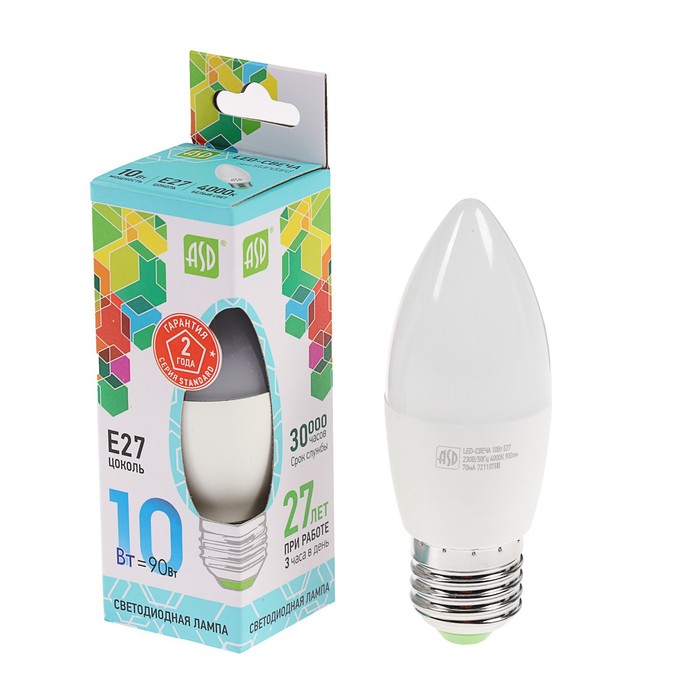 Лампа светодиодная ASD LED-СВЕЧА-standard, Е27, 10 Вт, 230 В, 4000 К, 900 Лм - Фото 1