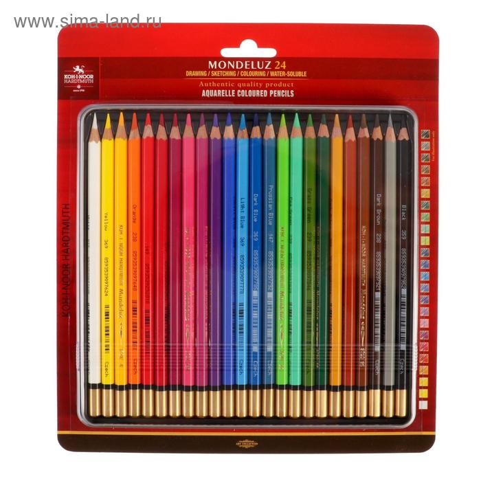 Карандаши цветные акварельные набор 24 цвета, Koh-I-Noor Mondeluz 3724, в металлическом пенале, блистер - Фото 1