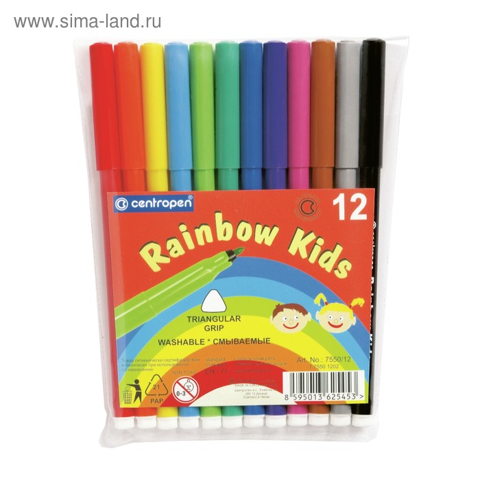 Фломастеры 12 цветов, Centropen Rainbow Kids 7550/12, пластиковая упаковка - Фото 1