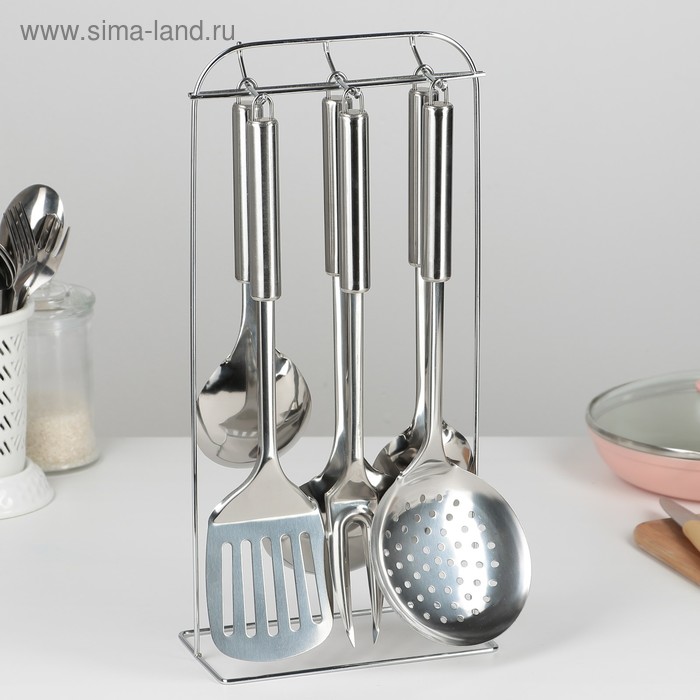 Набор кухонных принадлежностей «Металлик», 6 предметов, на подставке - Фото 1