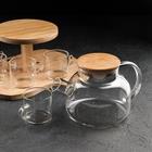 Чайный набор «Эко», 7 предметов: чайник 1.1 л, 5 кружек 120 мл, на деревянной подставке, стекло - Фото 3