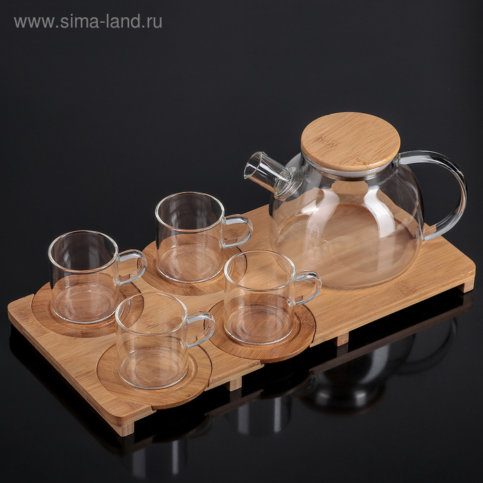 Набор чайный Magistro «Эко», 9 предметов: чайник стеклянный заварочный 1,1 л, 4 кружки 120 мл, 4 подставки 9,5 см - Фото 1