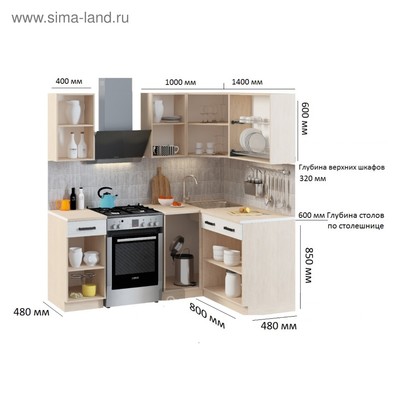 Кухонный гарнитур угловой «Алиса» Loft №2, 1400×1400 мм, цвет дуб сонома/ сосна белая Loft