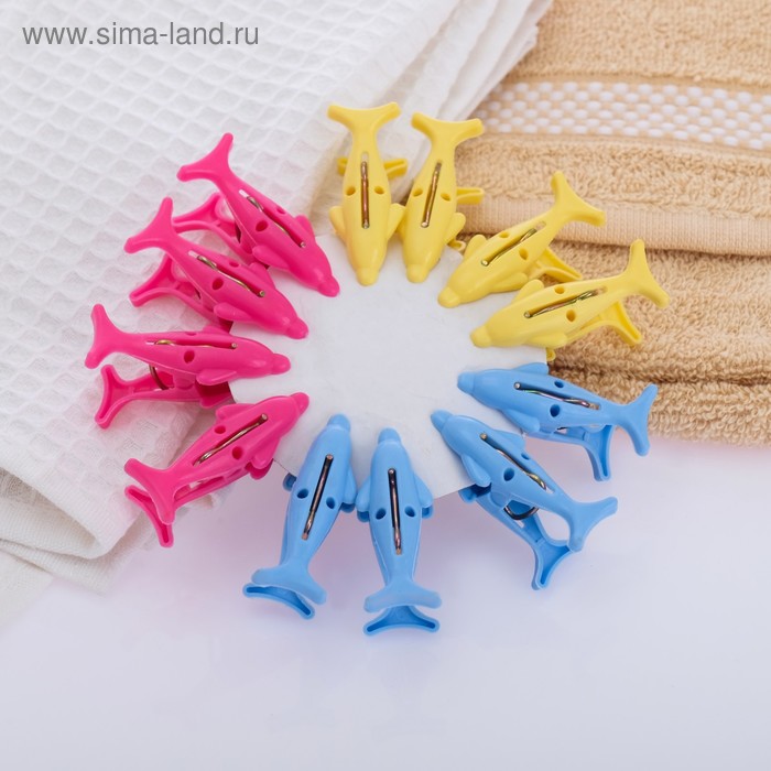 Прищепки бельевые «Дельфины», 12 шт, 5 см, пластик - Фото 1