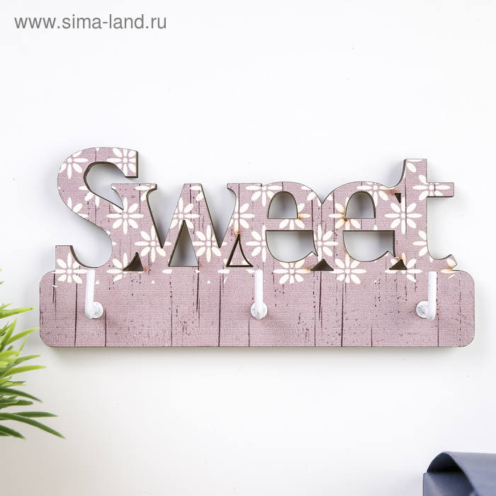 Крючки декоративные фанера "Sweet в цветочек" 6,5х14х2,5 см - Фото 1