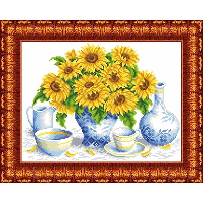 Канва с нанесённым рисунком для вышивки крестиком «Подсолнухи в вазе», размер 23x30 см