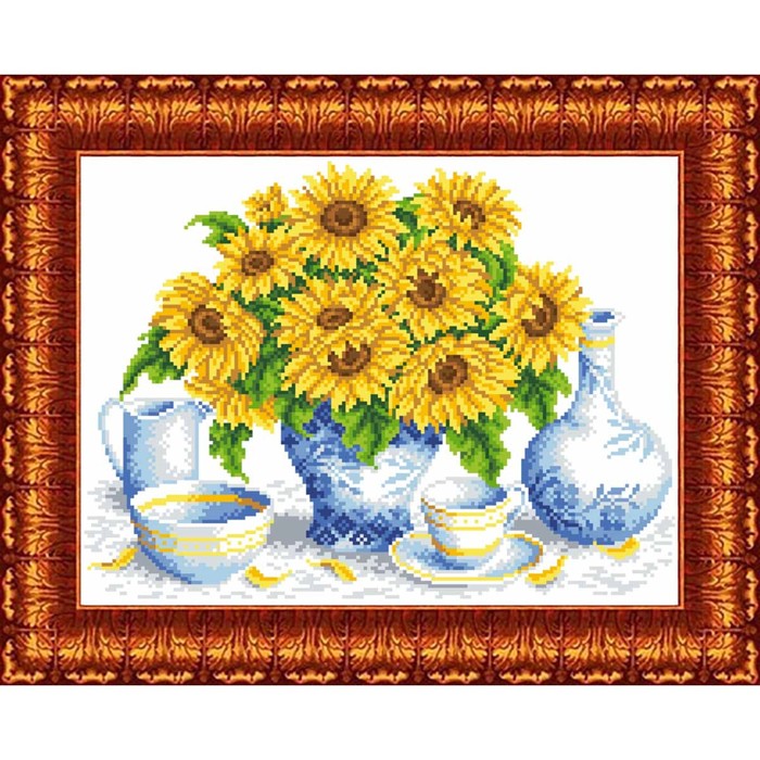 Канва с нанесённым рисунком для вышивки крестиком «Подсолнухи в вазе», размер 23x30 см