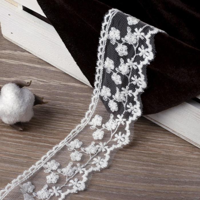 Кружево на сетке, 45 мм × 14 ± 1 м, цвет белый - Фото 1