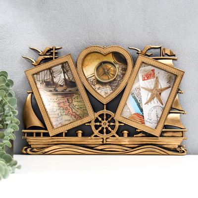 Фоторамка-коллаж на 3 фото 10×15, 12×12 см «Корабль», пластик, мультирамка, т. золото, 25×40 см