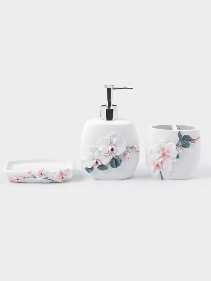 Аксессуары для ванной «Орхидея», 3 предмета, дозатор 580 мл, мыльница, стакан - Фото 1