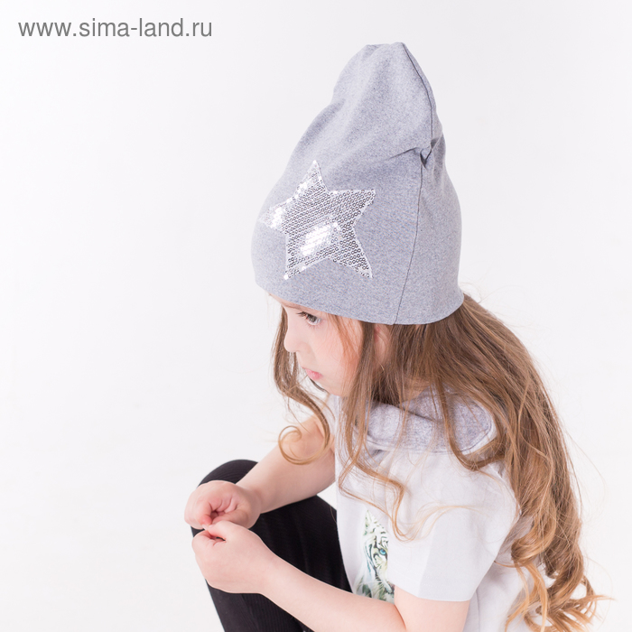 Комплект шапка/снуд со звездой из пайеток, серый меланж, р-р 46-50 - Фото 1