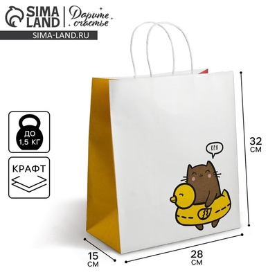 Пакет подарочный крафтовый, упаковка, «Котик», 28×32×15 см
