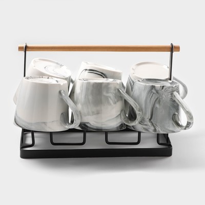 Набор кружек керамических на металлической подставке «Мрамор», 6 предметов: 390 мл, цвет серый