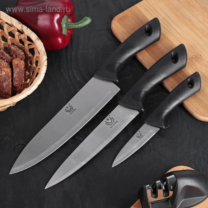Набор кухонных ножей «Энеолит», 3 предмета, лезвие 8,5 см, 17 см, 20 см, цвет чёрный - Фото 1