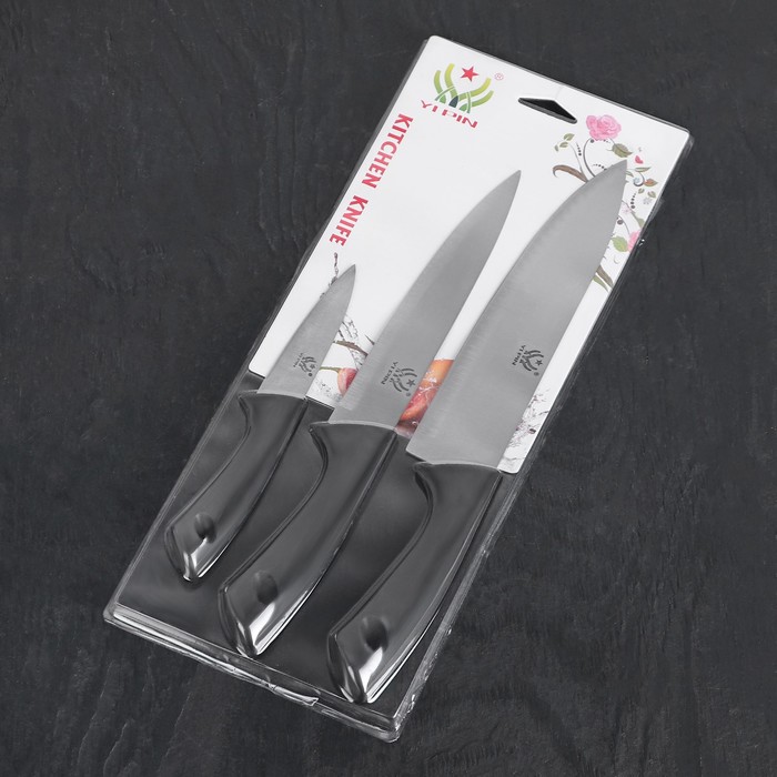 Набор кухонных ножей «Энеолит», 3 предмета, лезвие 8,5 см, 17 см, 20 см, цвет чёрный - фото 1884908657