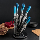 Набор ножей кухонных на подставке «Градиент», 7 предметов: 5 ножей, лезвие 8,5 см, 11,5 см, 16,5 см, 20 см, 20 см, мусат, ножницы, цвет синий - Фото 1