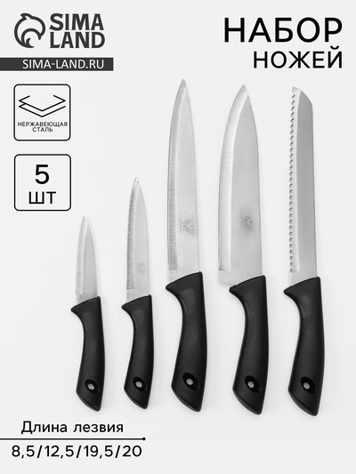 Набор кухонных ножей «Энеолит», 5 предметов: лезвие 8.5 см, 12.5 см, 19.5 см, 20 см, 20 см, чёрный