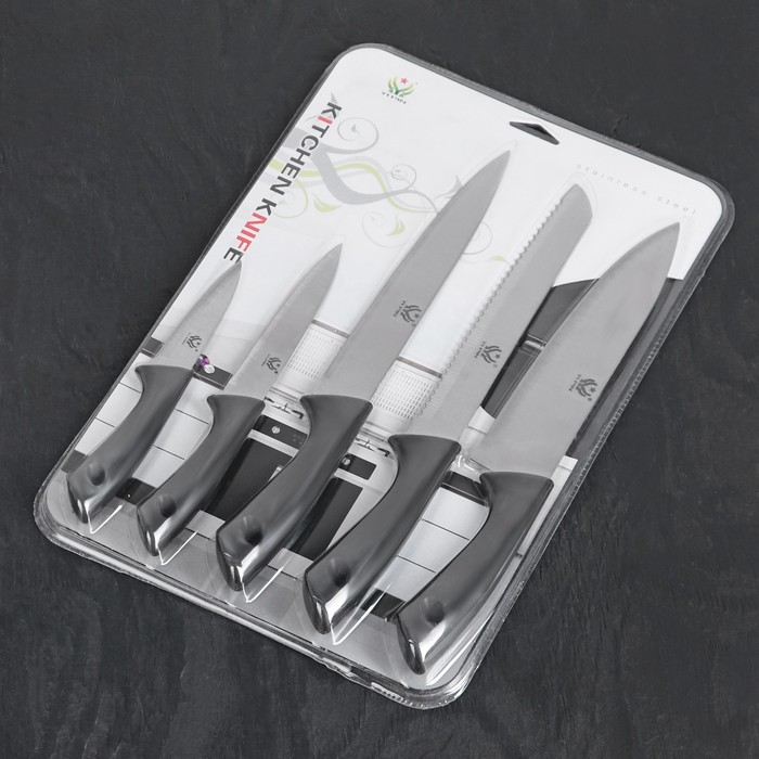 Набор кухонных ножей «Энеолит», 5 предметов: лезвие 8,5 см, 12,5 см, 19,5 см, 20 см, 20 см, цвет чёрный - фото 1884908697