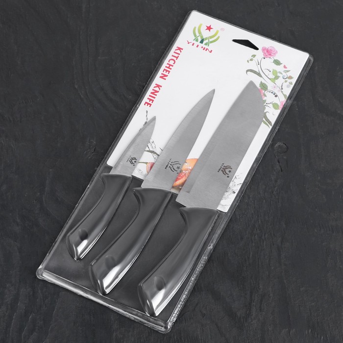 Набор кухонных ножей «Энеолит», 3 предмета: лезвие 8,5 см, 15 см, 17 см, цвет чёрный - фото 1884908701