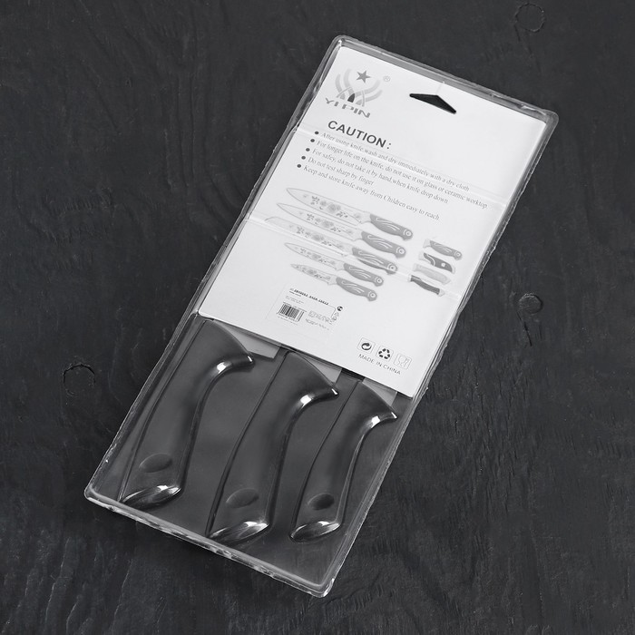 Набор кухонных ножей «Энеолит», 3 предмета: лезвие 8,5 см, 15 см, 17 см, цвет чёрный - фото 1884908702