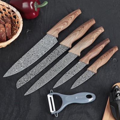 Набор кухонных принадлежностей «Мрамор», 6 предметов: ножи 8 см, 12 см, 20 см, 20 см, 20 см, керамическая овощечистка