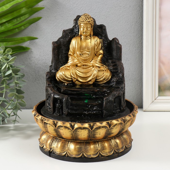 Фонтан настольный от сети, подсветка "Золотой Будда на троне из скалы" 28х20,5х20,5 см - фото 1905534409