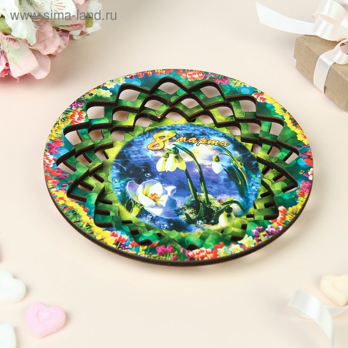 Конфетница «8 Марта, подснежники», d=19.5 см, дерево, разноцветная - Фото 1