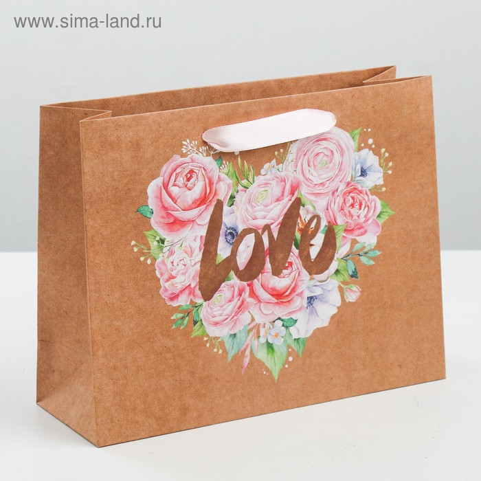 Пакет горизонтальный крафтовый «Цветочная любовь», ML 23 × 27 × 8 см - Фото 1