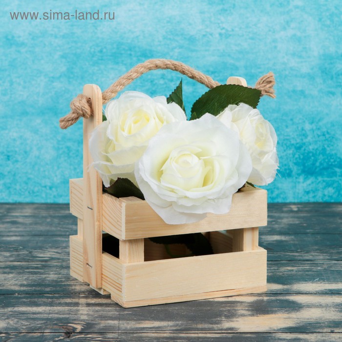 Кашпо деревянное 12×12×17 см Квадрат, реечный, ручка верёвка, натуральный - Фото 1