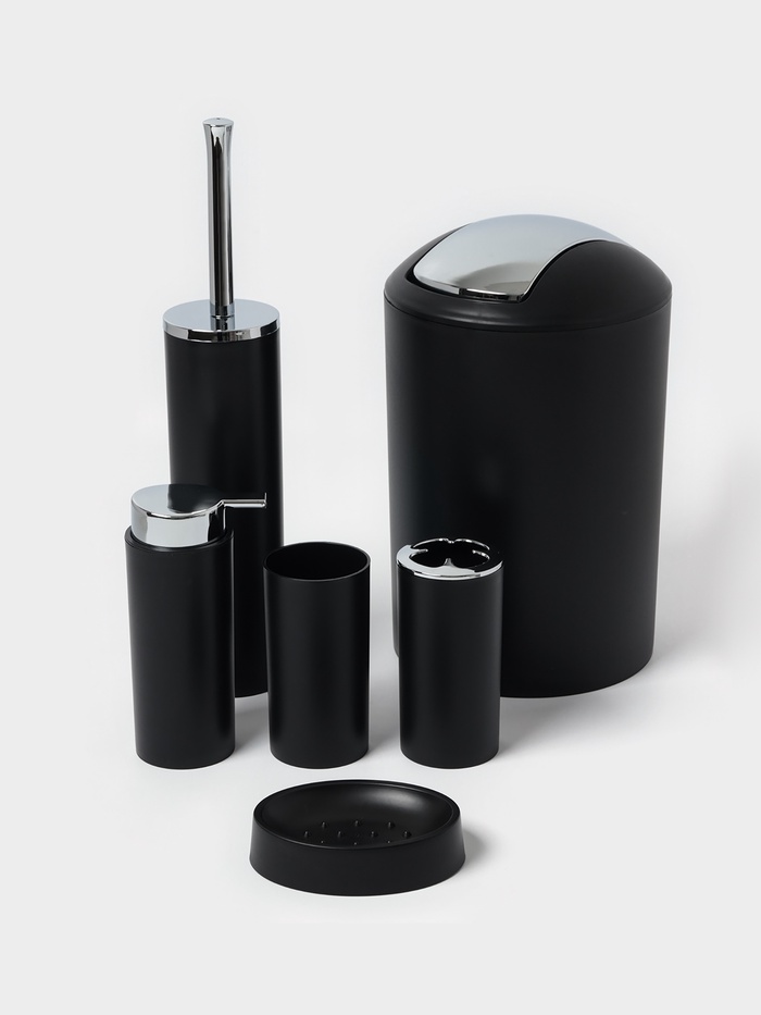 Аксессуары для ванной SAVANNA «Сильва», 6 предметов, дозатор, мыльница, 2 стакана, ёршик, ведро, чёрные - Фото 1