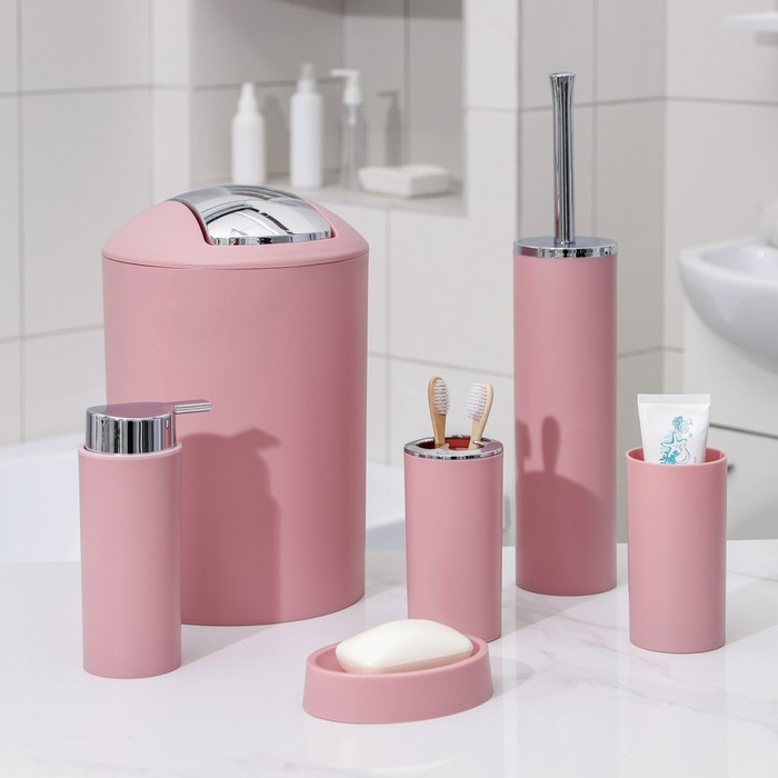 Набор аксессуаров для ванной комнаты SAVANNA «Сильва», 6 предметов (дозатор, мыльница, 2 стакана, ёршик, ведро), цвет розовый - фото 1883429840
