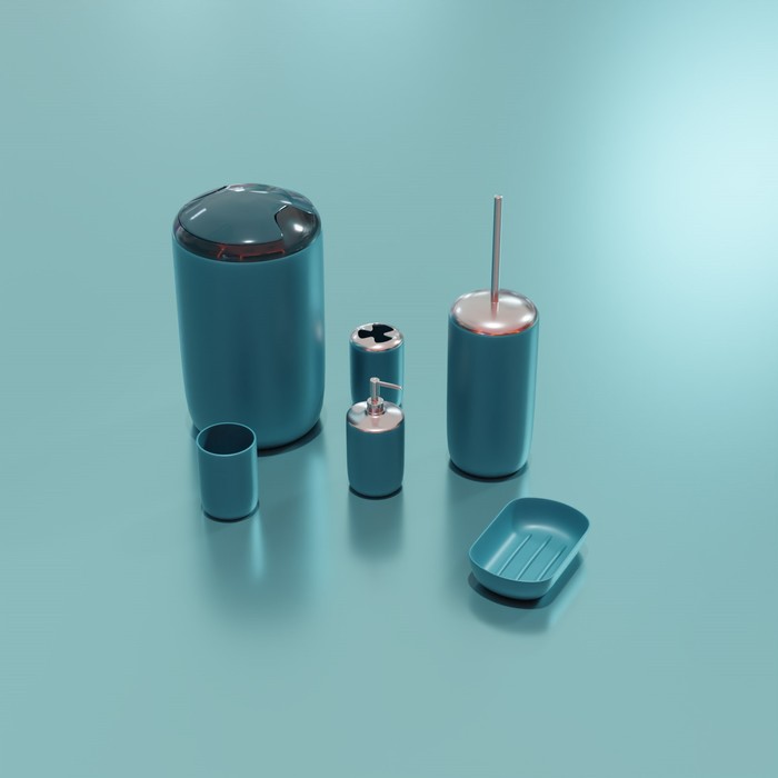 Набор аксессуаров для ванной комнаты «Тринити», 6 предметов (мыльница, дозатор для мыла, два стакана, ёрш, ведро), цвет голубой - фото 1883429847