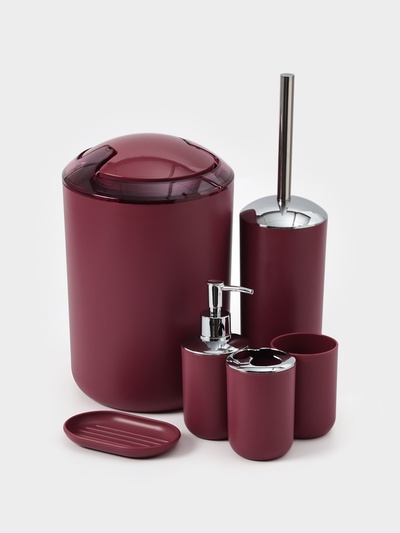 Набор аксессуаров для ванной комнаты «Тринити», 6 предметов, мыльница, дозатор для мыла, два стакана, ёрш, ведро, розовый