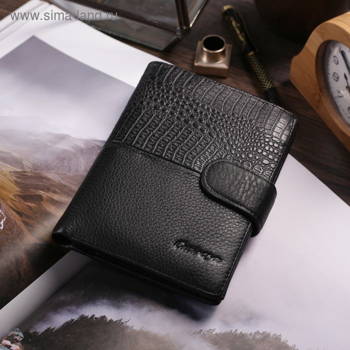 Портмоне мужское, 2 в 1, для автодокументов, 3 отдела на кнопке, для карт, для монет, цвет чёрный - Фото 1
