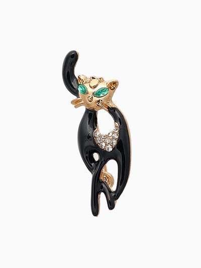 Брошь «Кошечка», грация, черно-белая в золоте