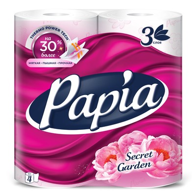 Туалетная бумага Papia «Таинственный сад», 3 слоя, 4 рулона