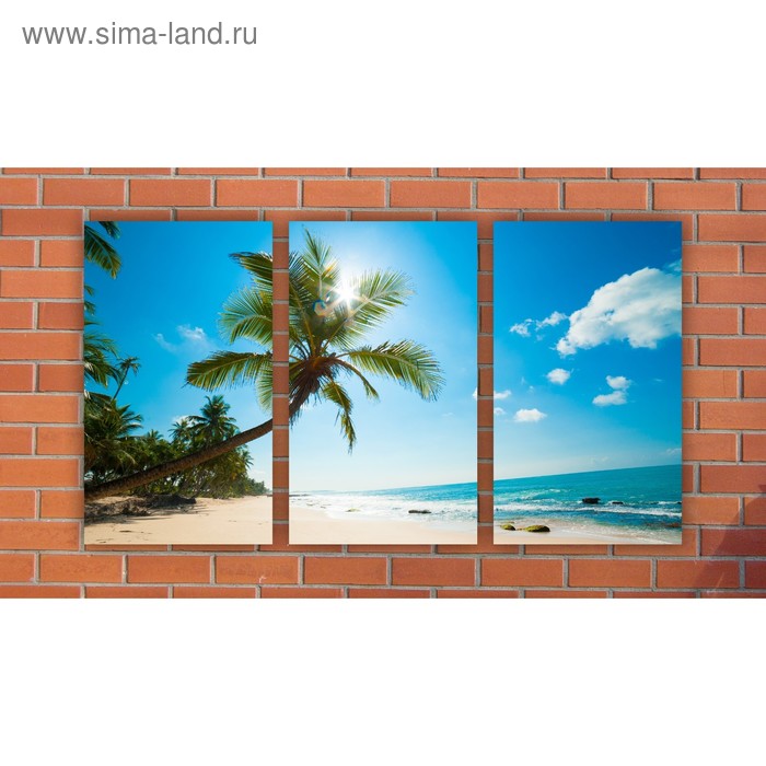 Модульная картина на экокоже "Пальма на берегу моря" 3шт.-30х50 см, 94*50 см - Фото 1