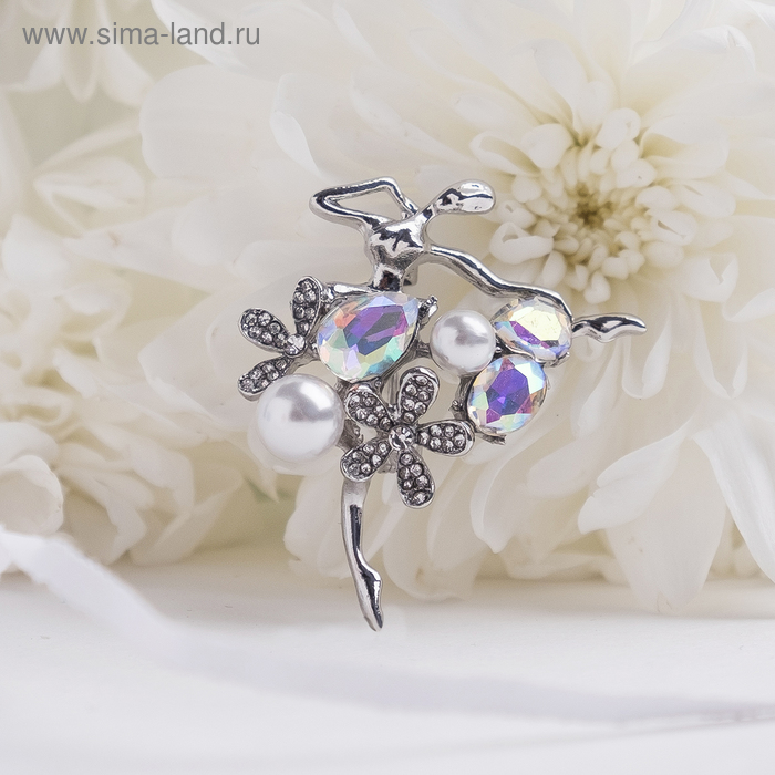 Брошь "Балерина" цветы и жемчужины, цвет радужный в серебре - Фото 1