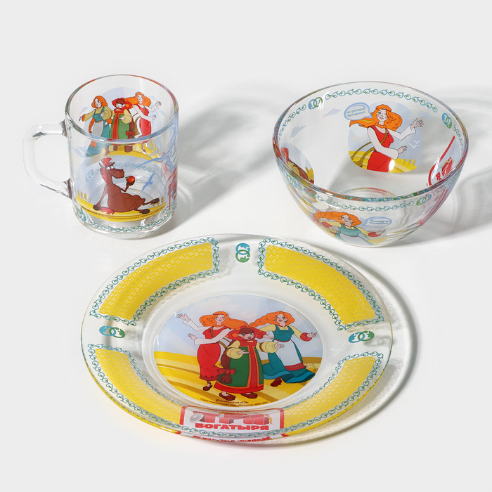 Набор детской посуды из стекла «Три богатыря. Царевны», 3 предмета: кружка, миска, тарелка
