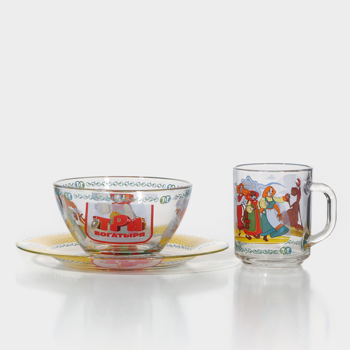 Набор детской стеклянной посуды «Три богатыря. Царевны», 3 предмета: тарелка d=19,7 см, салатник d=13 см, кружка 300 мл - фото 1906986916