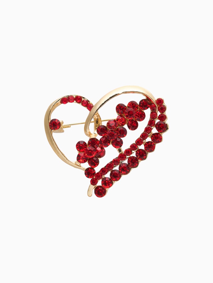 Брошь «Сердце с цветами», красная в золоте - Фото 1